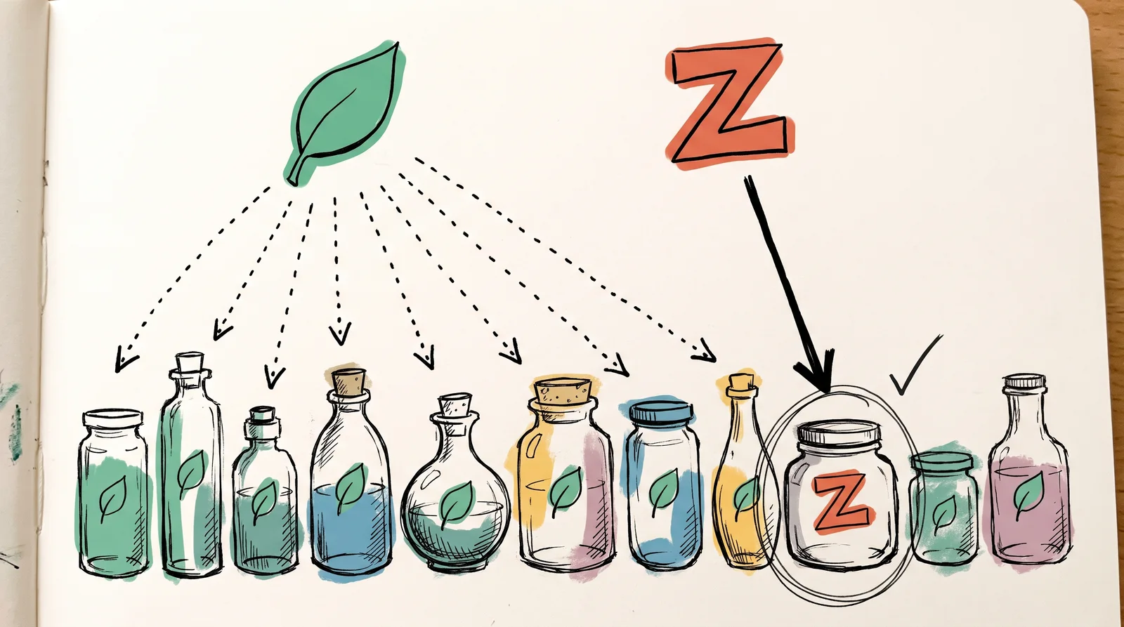 Dotted arrows fan out from a green leaf to a whole row of leaf-marked jars, while a single arrow runs from an orange zigzag to the one jar that carries it.
