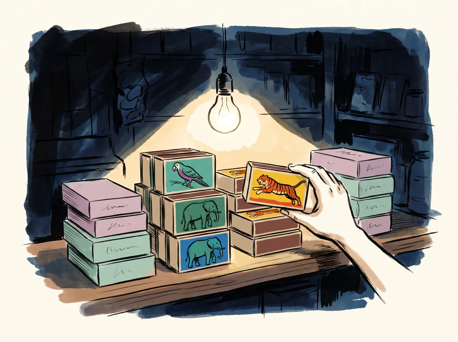 In a dim shop lit by a single bulb, a hand reaches for a tiny box printed with a bold tiger beside other animal boxes, while pale pastel boxes fade into shadow.