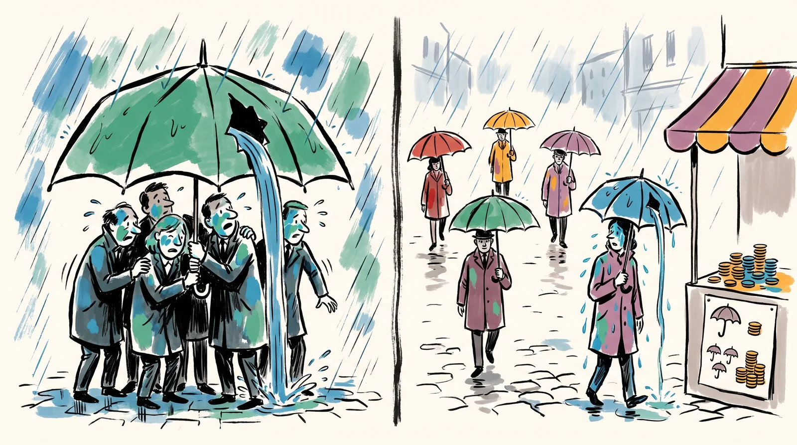 In the rain, five people under one large torn umbrella all get wet on the left, while on the right five people under separate umbrellas stay dry except the one whose umbrella is torn.