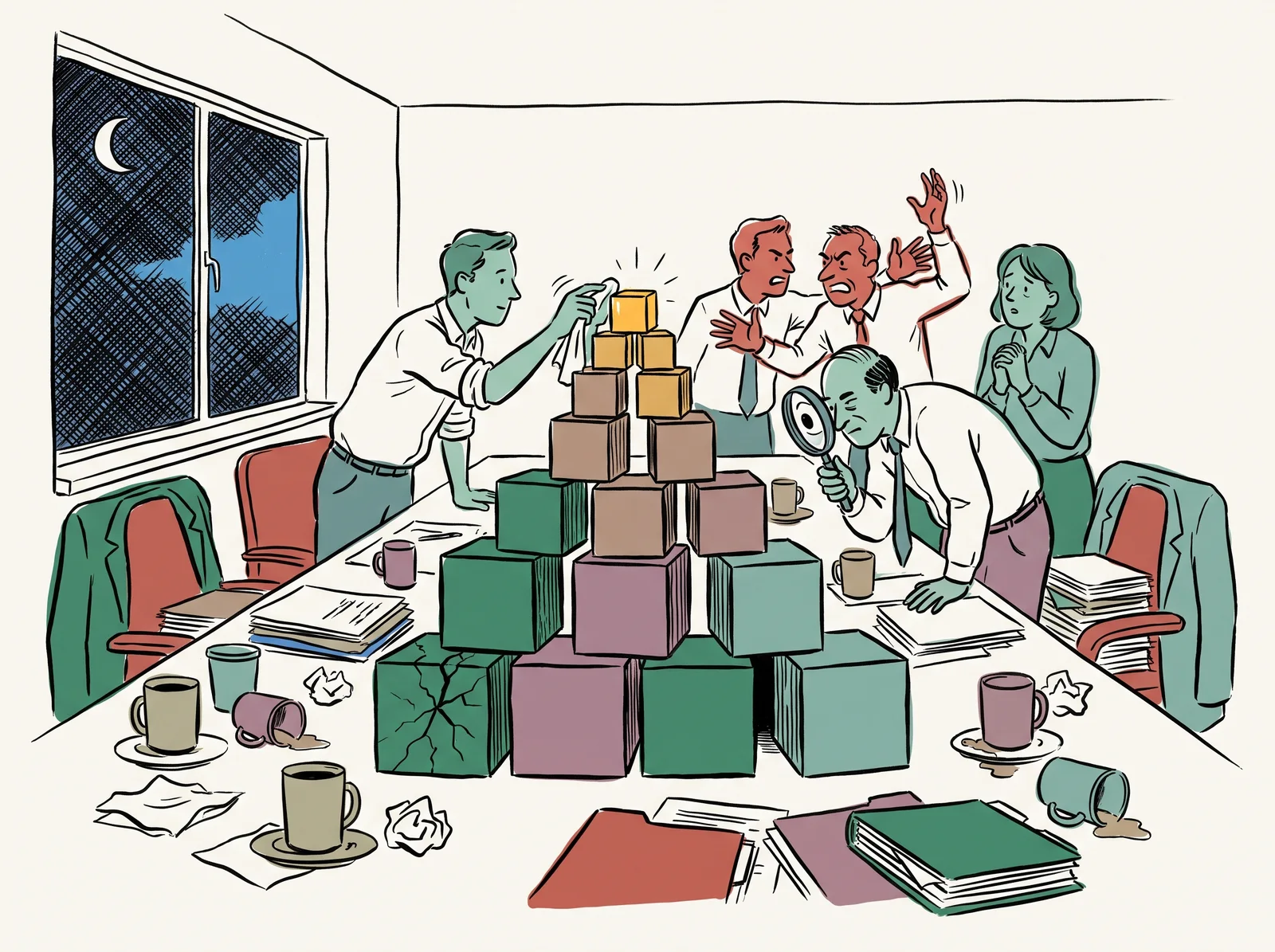 In a late-night meeting room five people crowd around the top block of a wooden block pyramid on the table, while a cracked and a missing block at its base make it lean.