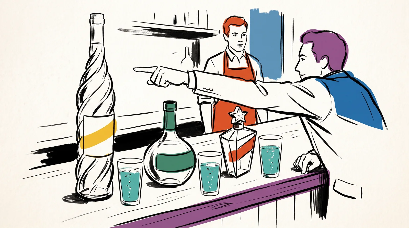 On a bar counter three differently shaped bottles stand behind three identical glasses of the same pale fizzy drink, as a customer points at the spiral bottle.