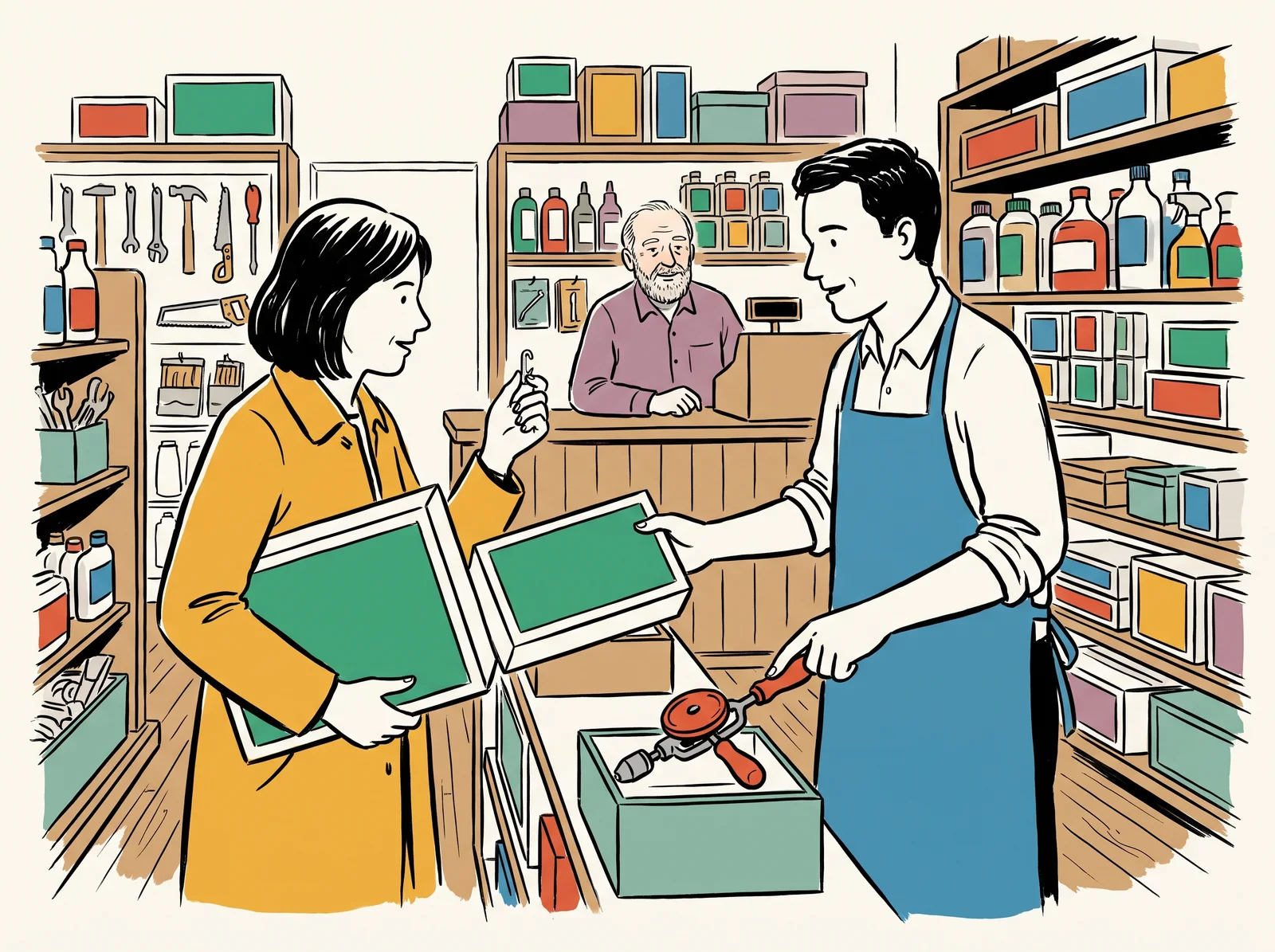 In a hardware shop an assistant takes an expensive power drill from a customer holding a picture hook and points her to a cheaper hand drill, while the owner nods from the till.