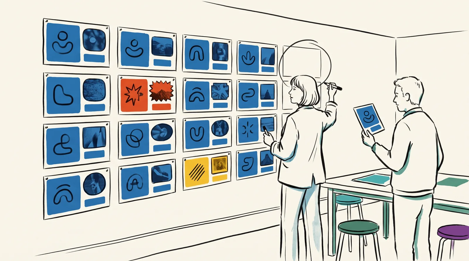 A strategist stands before a wall grid of twenty same-sized cards, nearly all navy blue, with a circle drawn around an empty space at the end.
