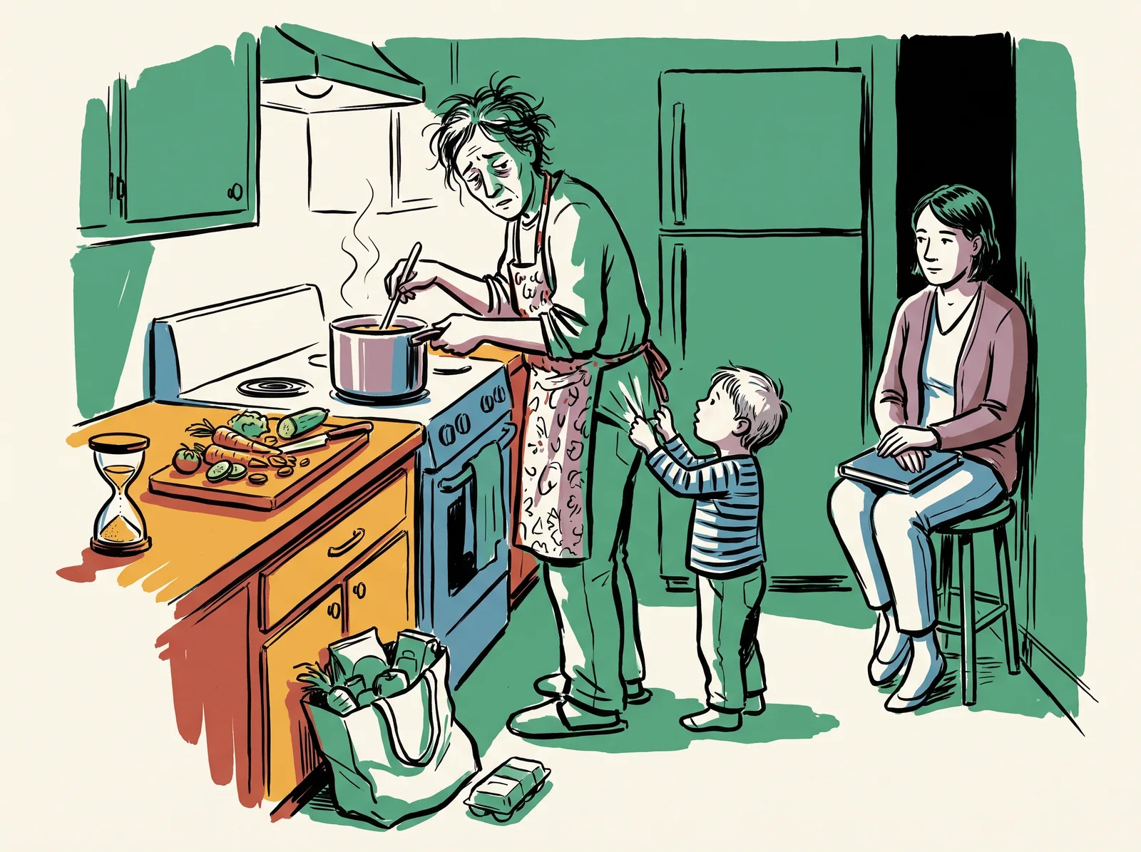In a home kitchen a parent stirs a pot of stew while glancing at a nearly empty sand timer and a child tugs their sleeve, as a researcher sits watching on a stool in the corner.