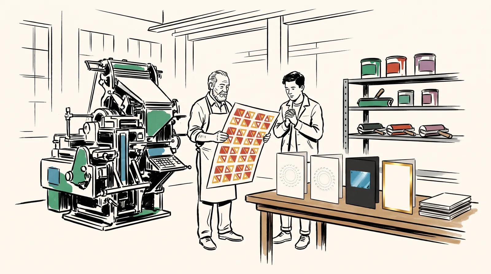 An ink drawing of a designer and a printer inspecting a sheet at a large press, next to a bench of embossed, debossed, gloss-varnished and foiled cards and a stack of papers of varying thickness.