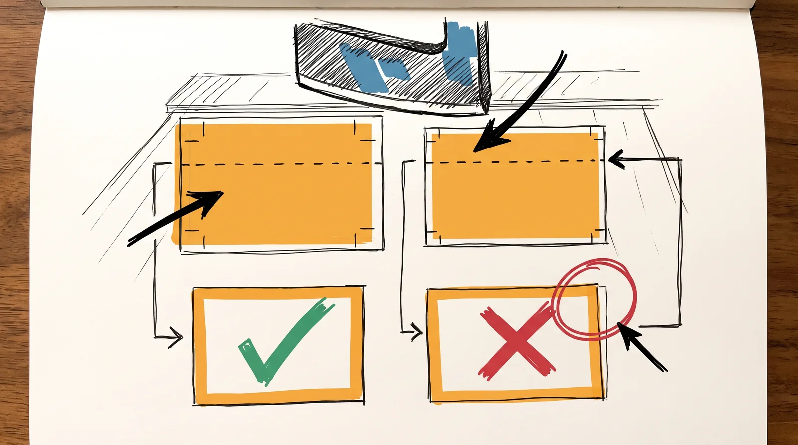 A doodle of two orange sheets under a guillotine blade, one with colour running past the trim line giving a clean cut card, one without, giving a card with a thin white edge.