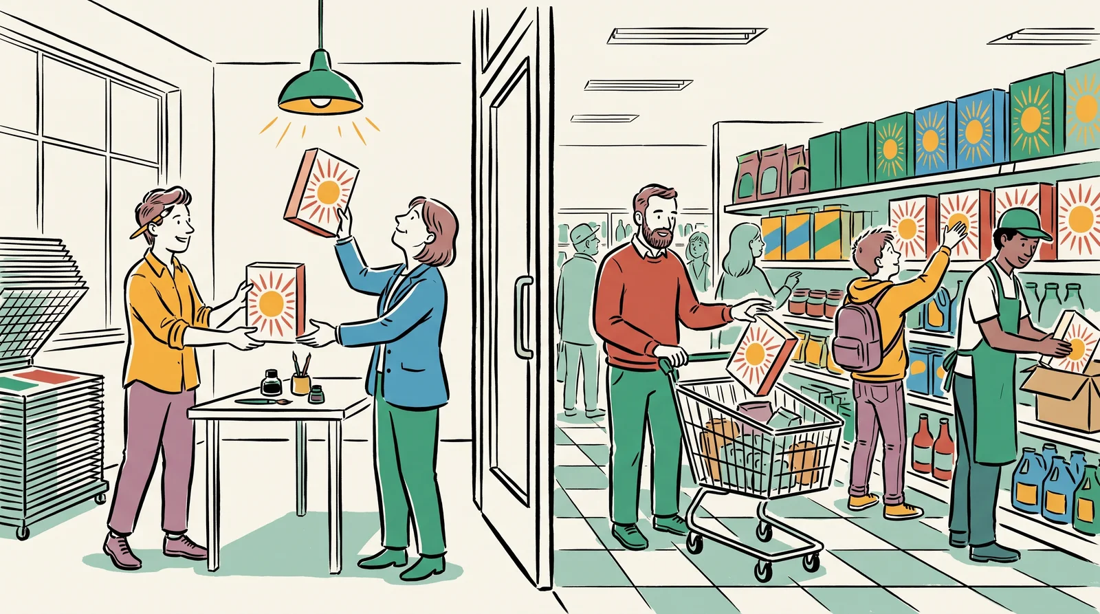 An ink drawing split in two, with a designer handing a client a cereal box in a studio on the left and shoppers taking the same box from a supermarket shelf on the right.