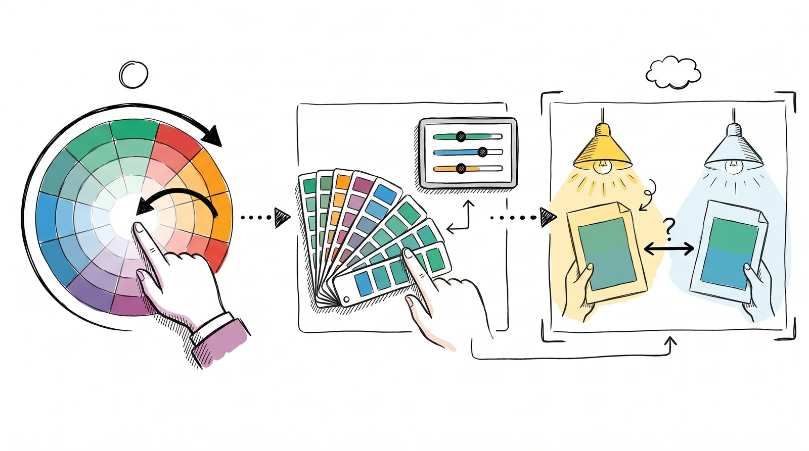 A doodle of three scenes: a hand on a colour wheel, a swatch book beside a screen with sliders, and one printed sheet looking different under a warm lamp and a cool lamp.