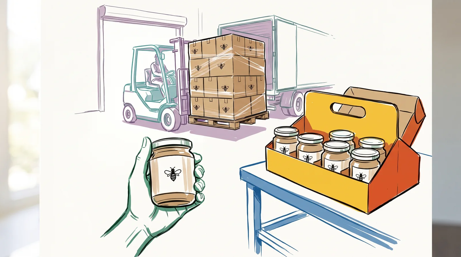 An ink drawing of a loading bay with a hand holding a honey jar in front, a carton of six jars on a bench behind and a forklift lifting a pallet of brown shipping cases in the back.