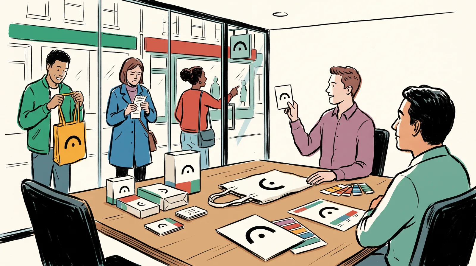 An ink drawing of a meeting where a designer holds a small logo card above a table of matching branded items, while customers walk past the shop outside the glass wall.