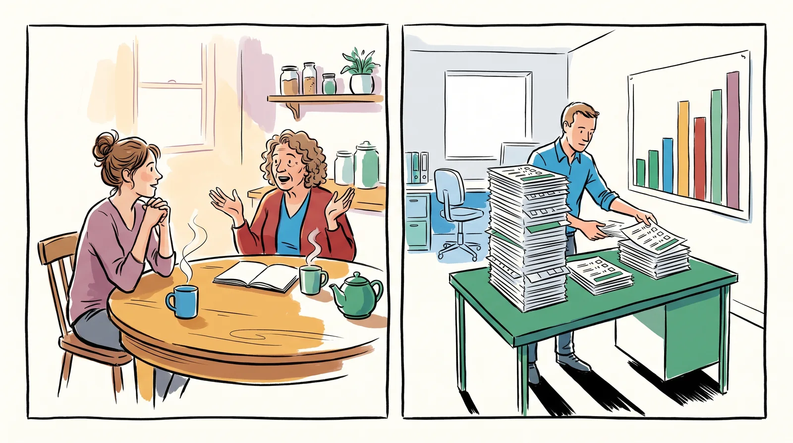 An ink drawing with a researcher listening to one woman over tea at a kitchen table on the left, and another researcher sorting a tall pile of tick-box forms beside a bar chart on the right.