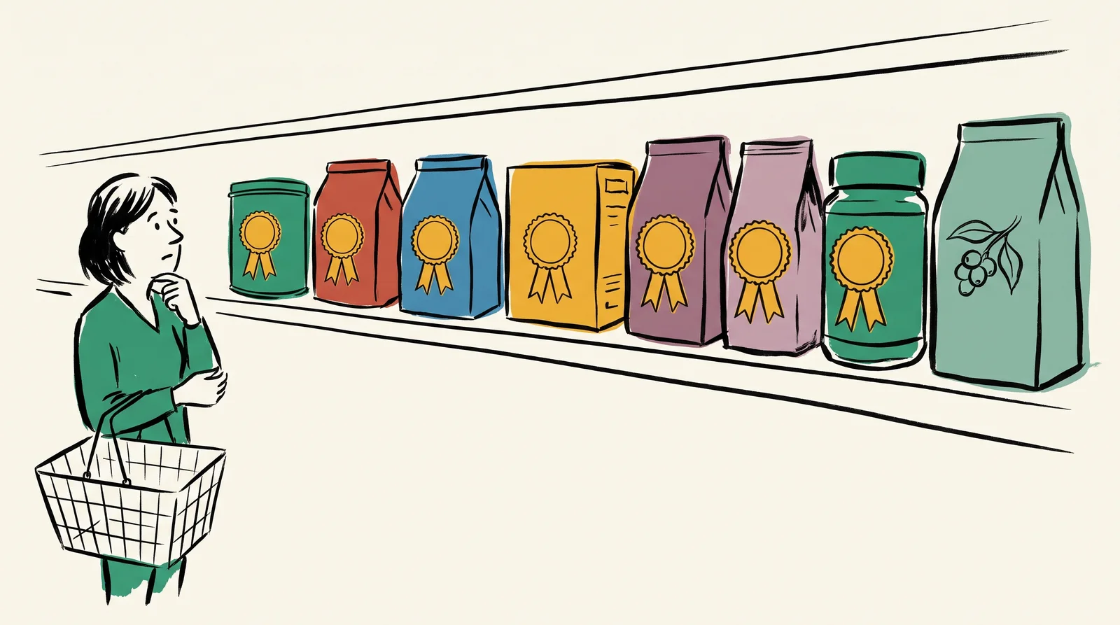 An ink drawing of a shopper puzzling in front of a shelf of eight different coffee packs that all carry the same gold rosette sticker, with one plain pack at the end showing a drawn coffee cherry.