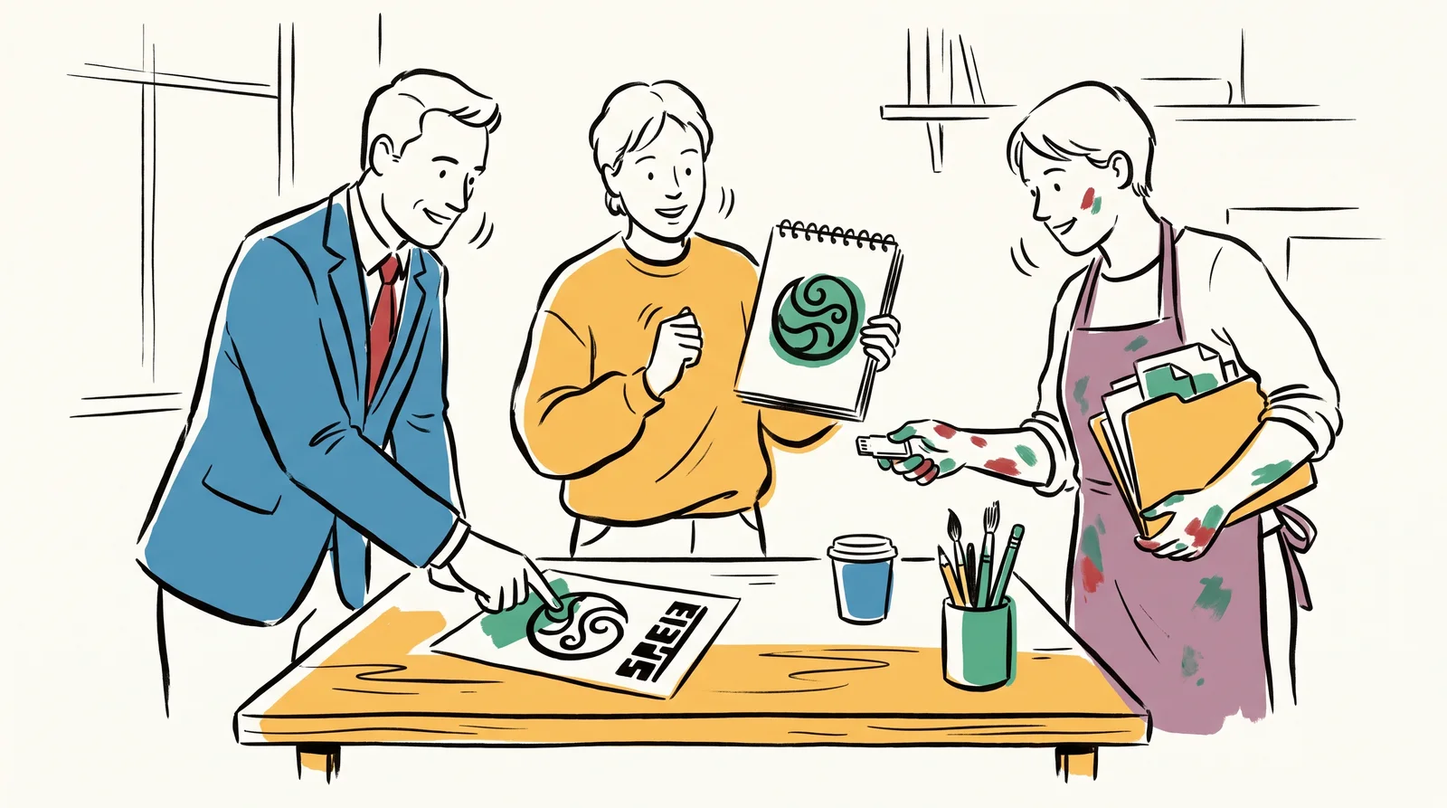 An ink drawing of a client, a designer and a printer at a table, each holding something different: a printed symbol-and-name lockup, a sketch of the symbol alone and a memory stick with a folder.