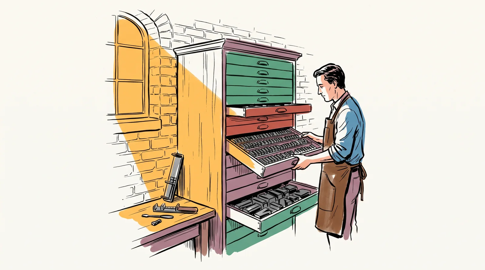 An ink drawing of a printer pulling out one drawer of small metal type pieces from a tall wooden cabinet of drawers holding the same type at other sizes and weights.
