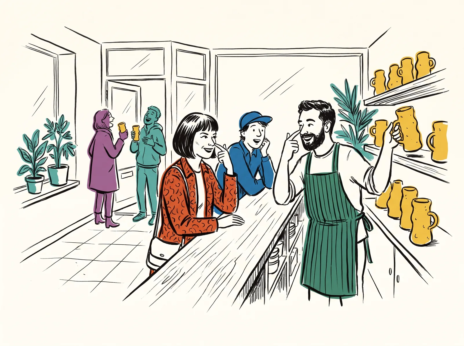 A café regular and a barista share a nose-tapping hand sign as the barista takes a tall narrow cup, a newcomer watches smiling, and two people outside carry the same cups.