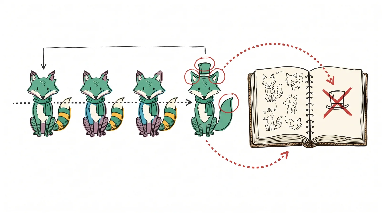 Four drawings of a fox mascot sit in a row, the first three matching and the fourth with circled mistakes, beside an open book of fox sketches with a crossed-out top hat.