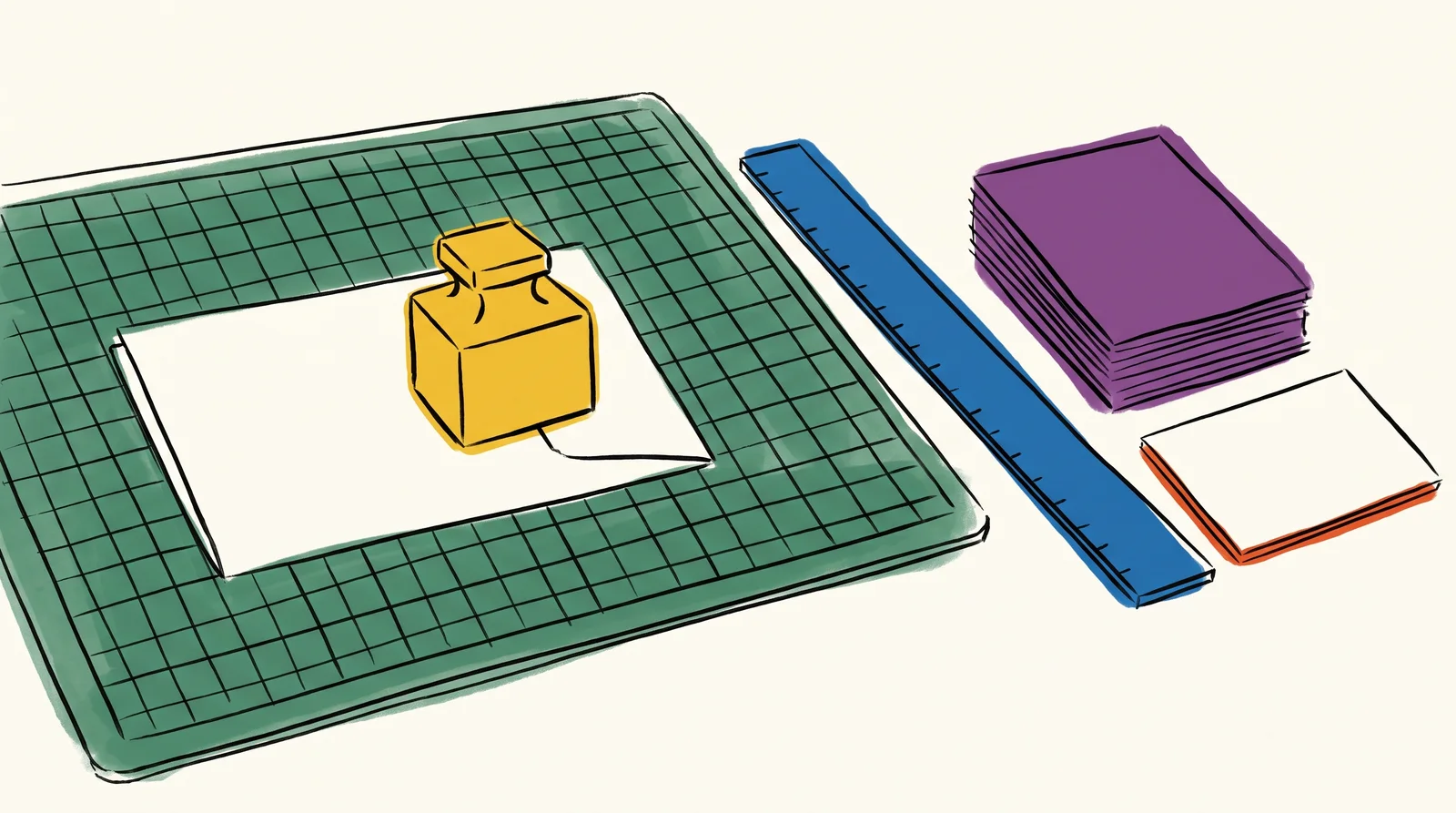An ink drawing of a folded paper brief under a small brass weight on a green cutting mat, with a blue ruler, a stack of cards and one card set apart.