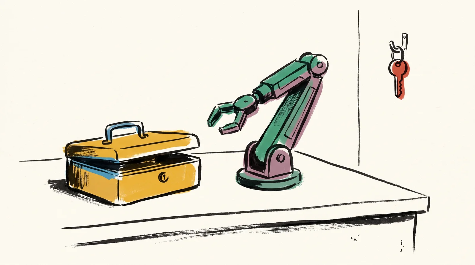 An ink drawing of a yellow cash box on a desk beside a green robotic arm, with the cash box key hanging on a hook on the far wall out of the arm's reach.