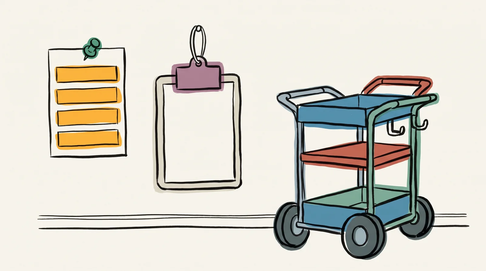 An ink drawing of a studio wall with a pinned card of orange bars, a hanging clipboard and a camera trolley on wheels beside them.