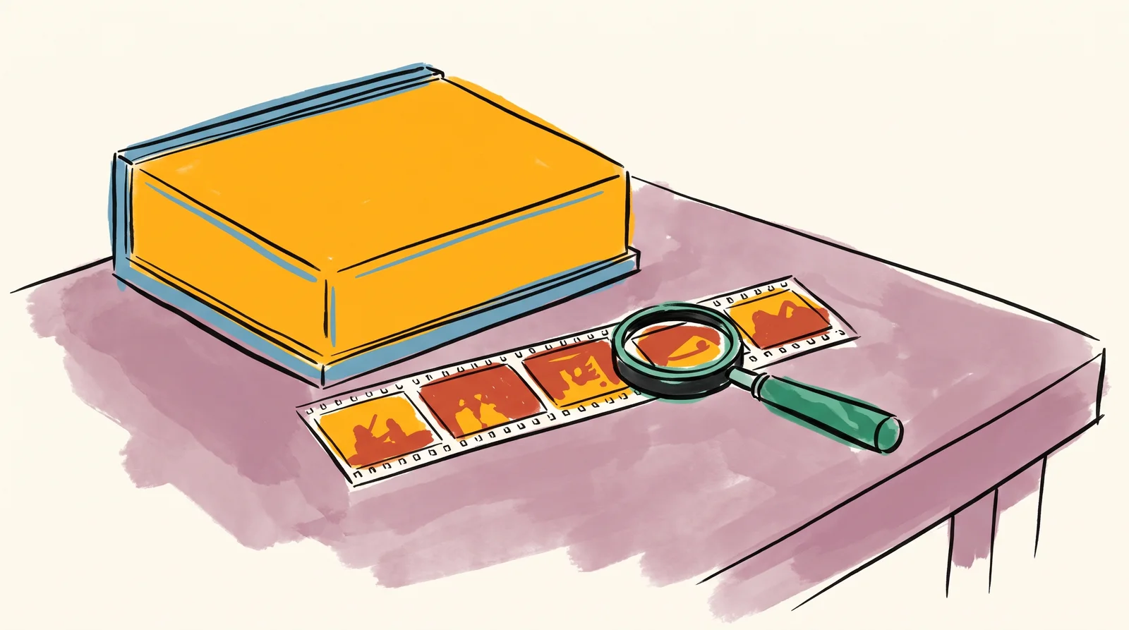 An ink drawing of a yellow lightbox on a table with a strip of negatives laid in front of it and a magnifying loupe resting on one frame.