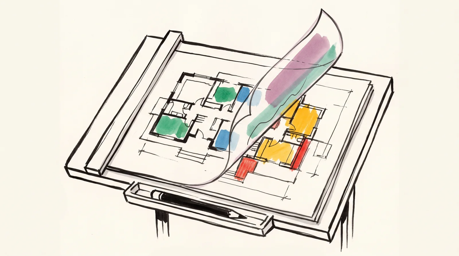 An ink drawing of an architect's drawing board with a clear overlay sheet lifted at one corner over a coloured floor plan, a pencil in the tray.