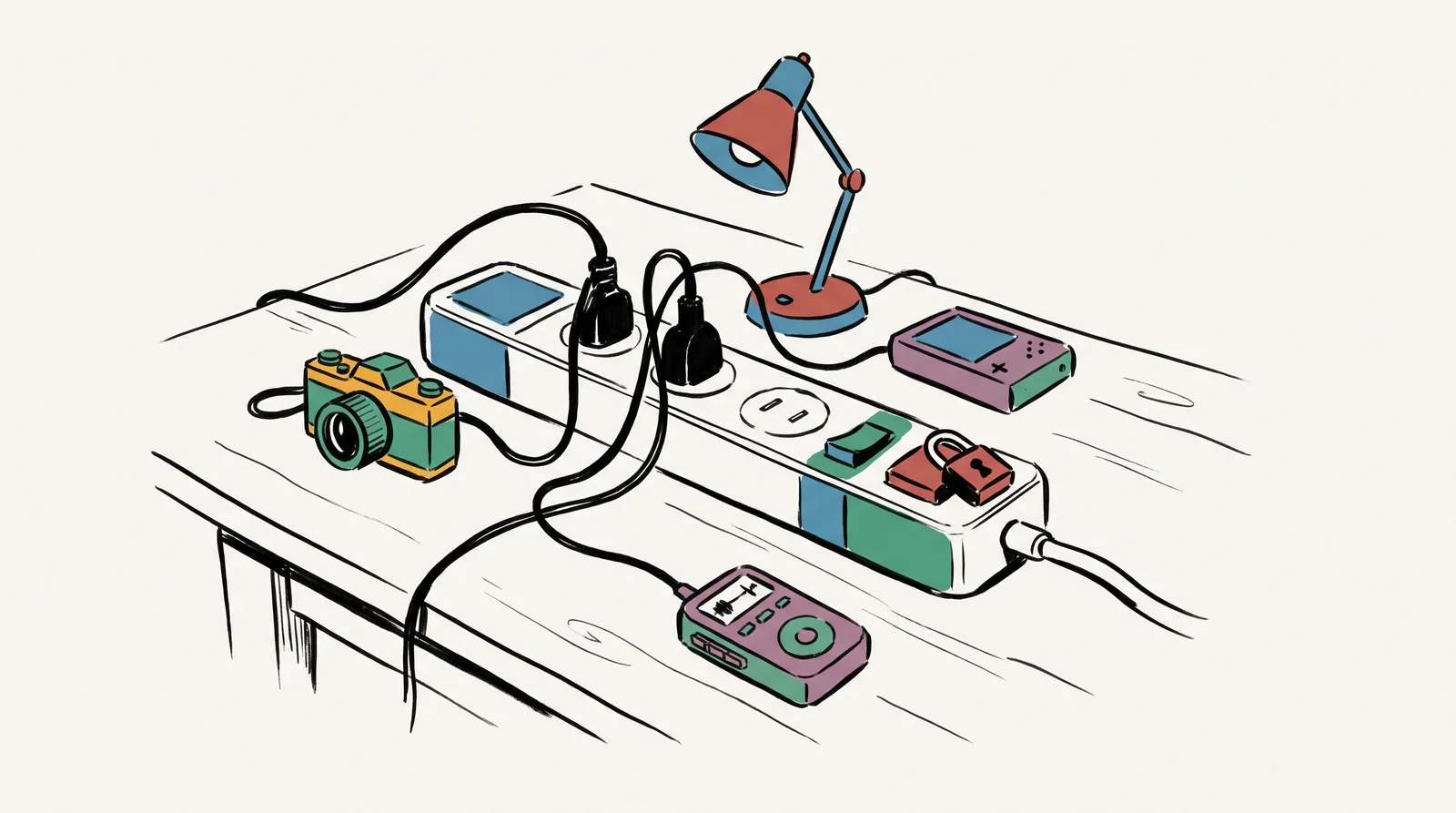 An ink drawing of a power strip on a workbench with cables to a camera, a desk lamp and a sound recorder, and one socket covered by a small padlocked cover.