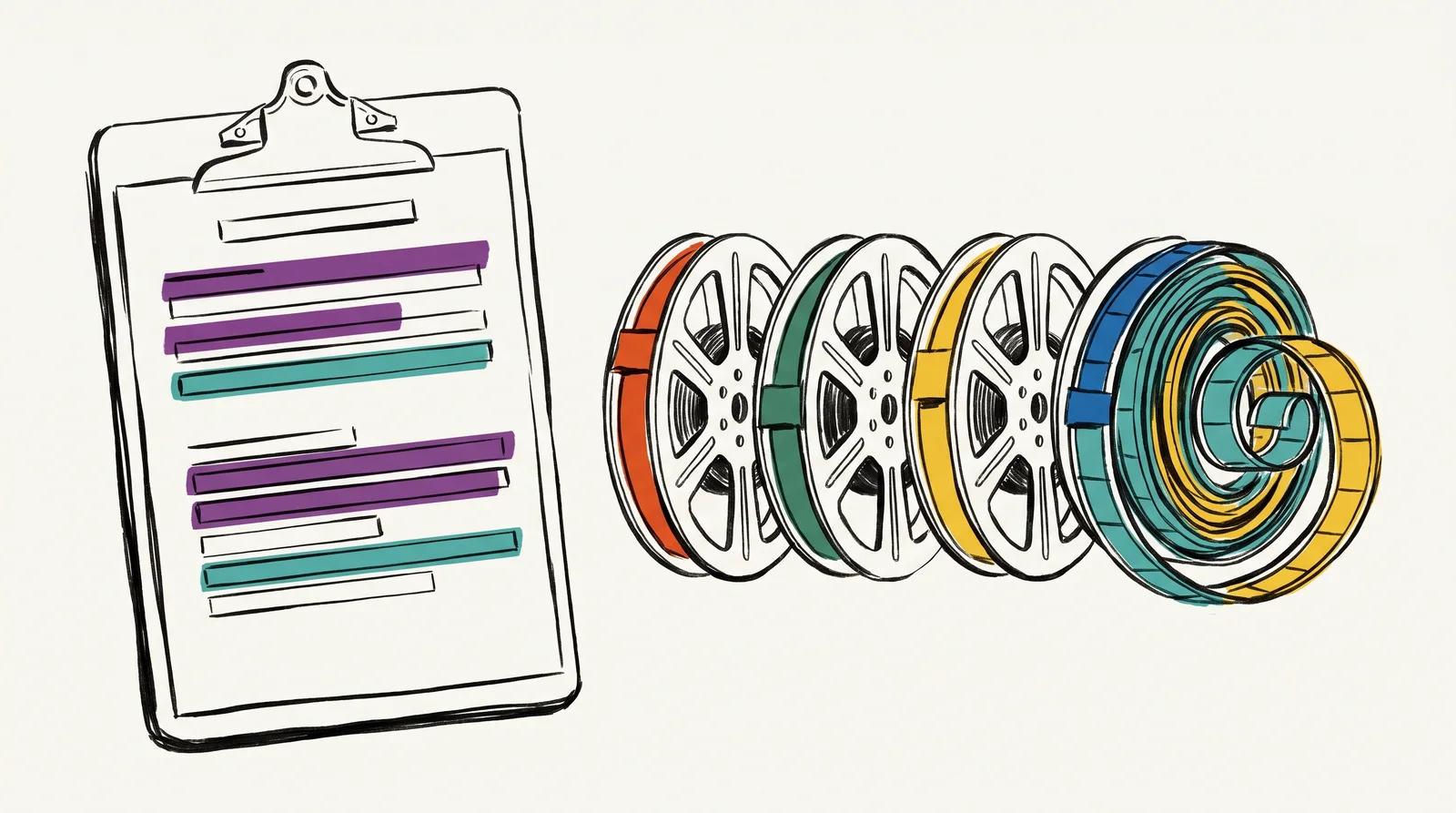 An ink drawing of a clipboard with coloured bars for lines, beside a row of four film reels with coloured spines, the last one wound with film.
