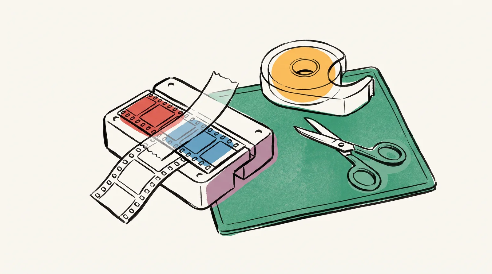 An ink drawing of a film splicing block joining two lengths of film, with a roll of splicing tape and scissors on a green cutting mat.