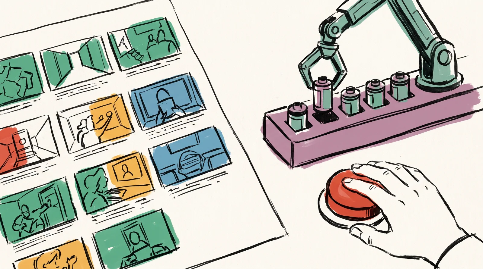 An ink drawing seen from above of a storyboard on a desk, a small robotic arm placing film canisters into a row of slots, and a hand resting on a large red stop button.