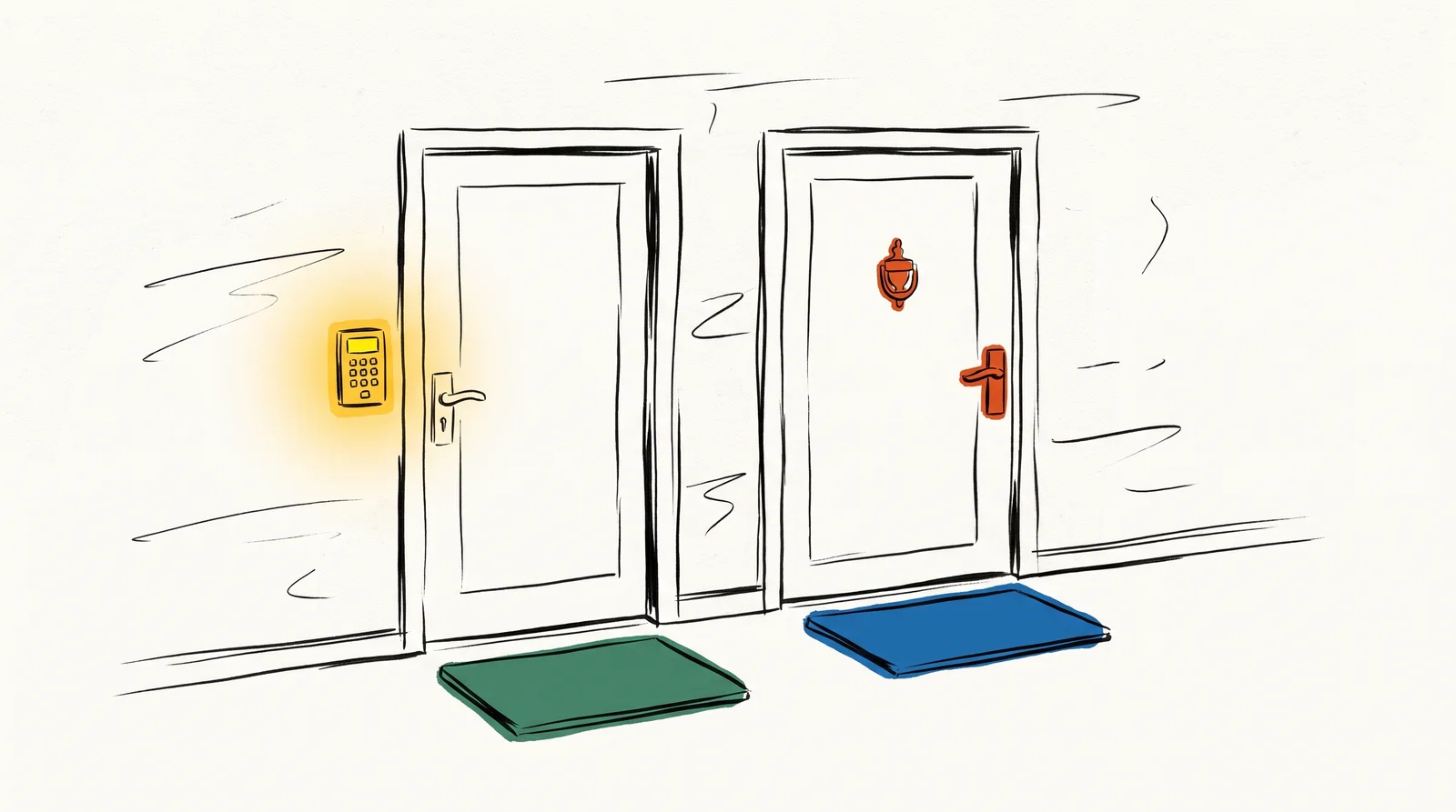An ink drawing of two front doors in one wall, the left with a glowing keypad and the right with a brass knocker, a doormat before each.