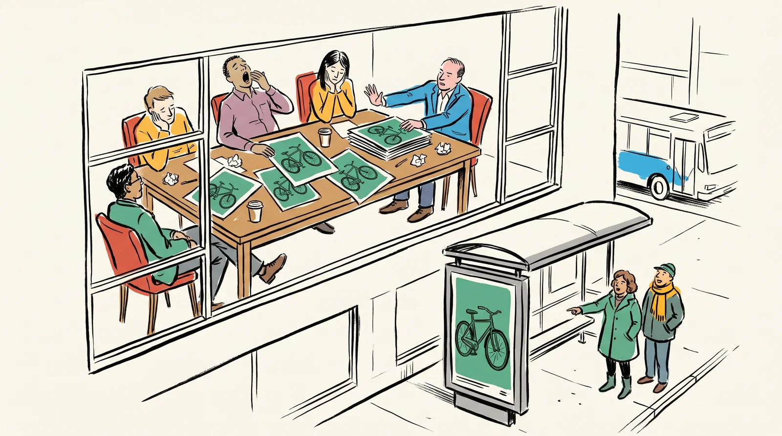 An ink drawing of a bored team around a table of green bicycle posters while, through the window, passers-by look with interest at the same poster in a bus shelter.