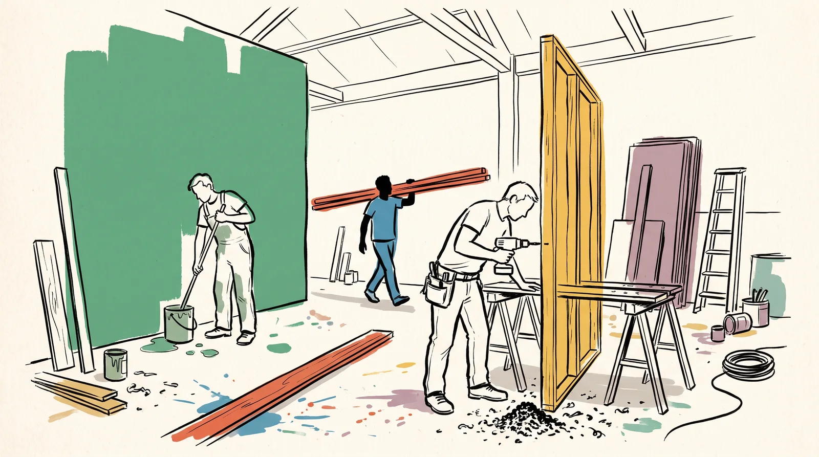 An ink drawing of a carpenter building a timber flat, a scenic painter stirring green paint and a runner carrying timber across an empty studio.