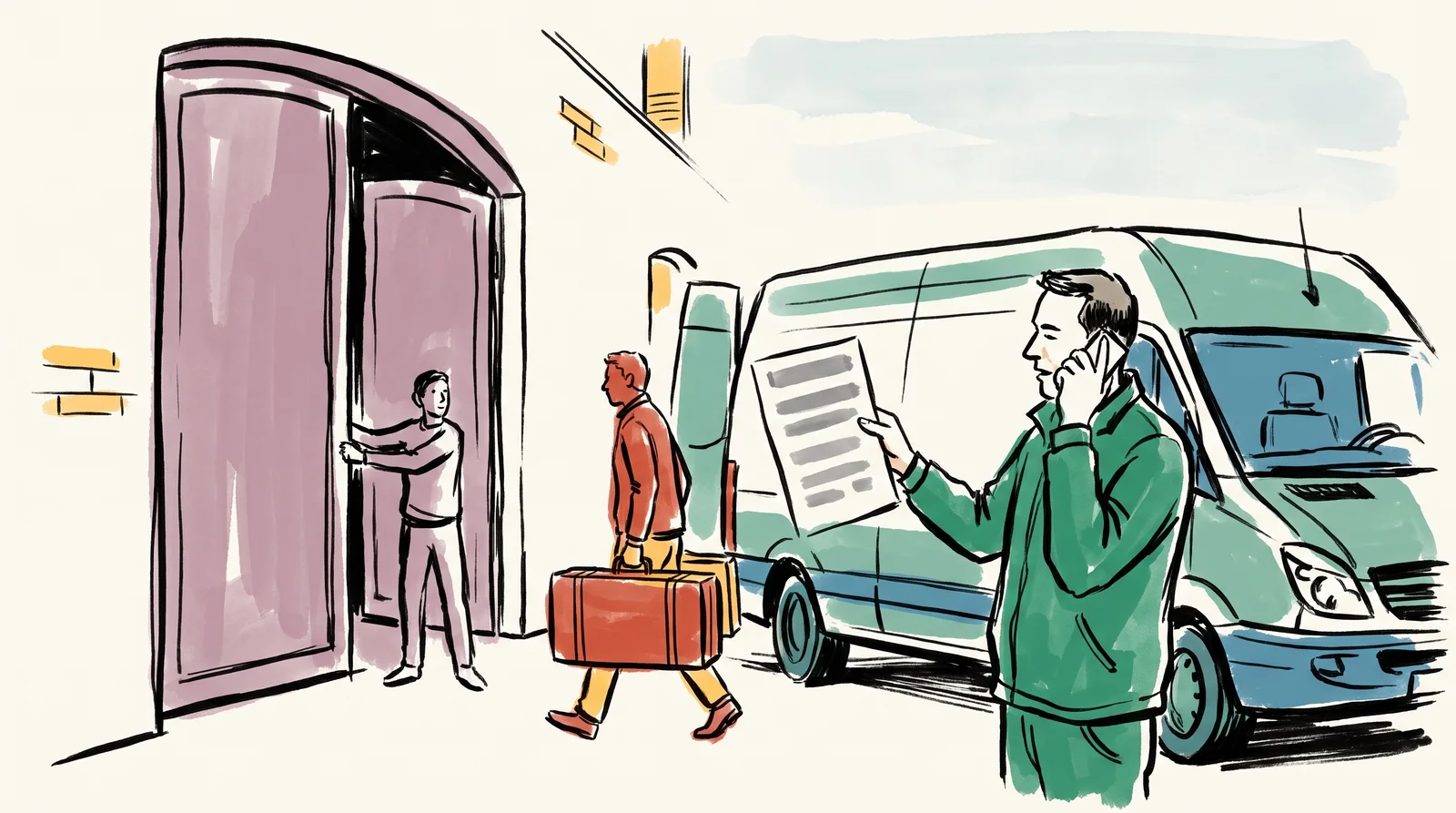 An ink drawing of a van driver at dawn outside a studio door, reading from a single printed sheet into his phone as a make-up artist walks in.