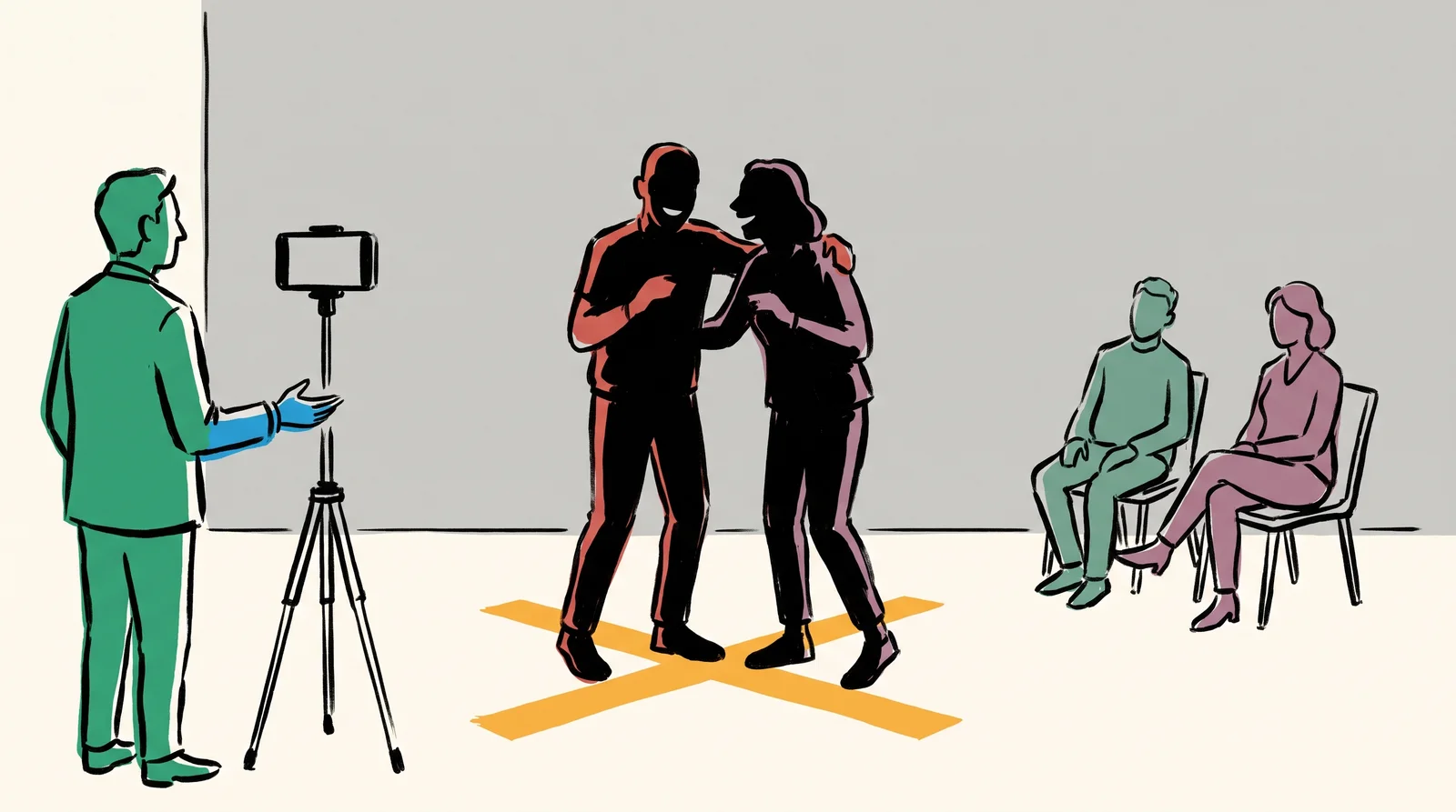 An ink drawing of two candidates laughing together on a tape mark in front of a phone on a tripod, while two others wait on chairs and the casting director gives a note.