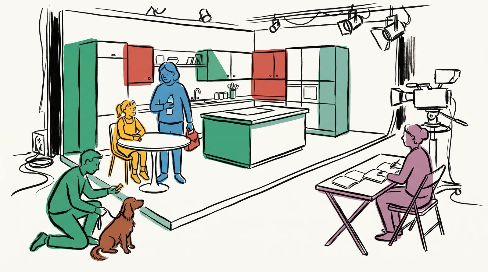 An ink drawing of a girl at a kitchen set with a chaperone beside her, a handler kneeling with a spaniel on a lead, and a tutor waiting at a side table.