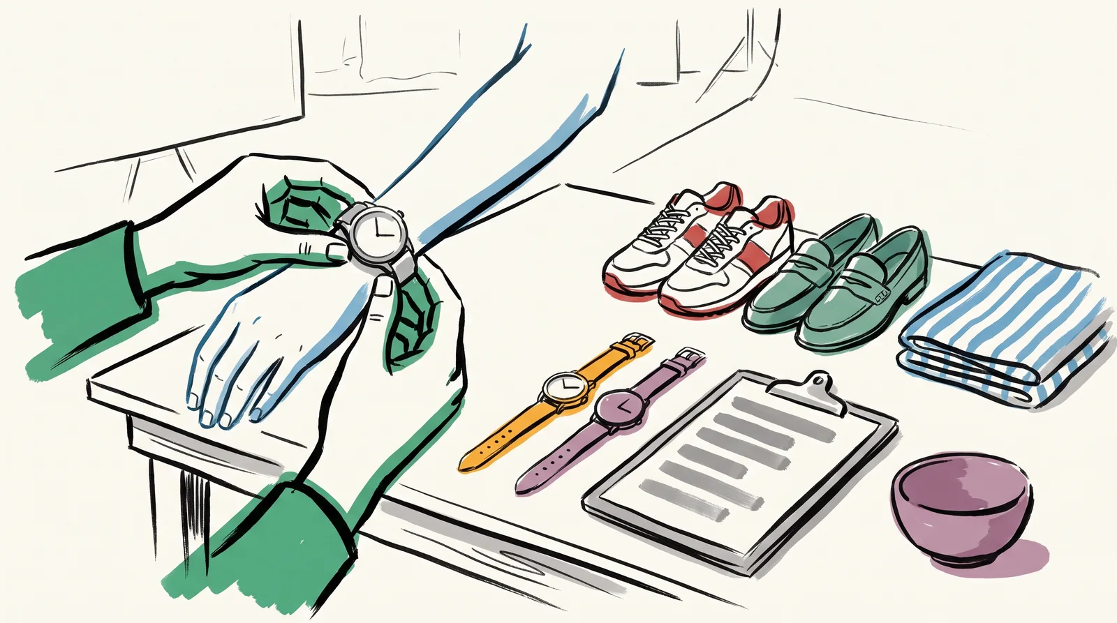 An ink drawing of a stylist holding a steel watch against a model's wrist beside a table of other watches, shoes, a towel and a bowl.