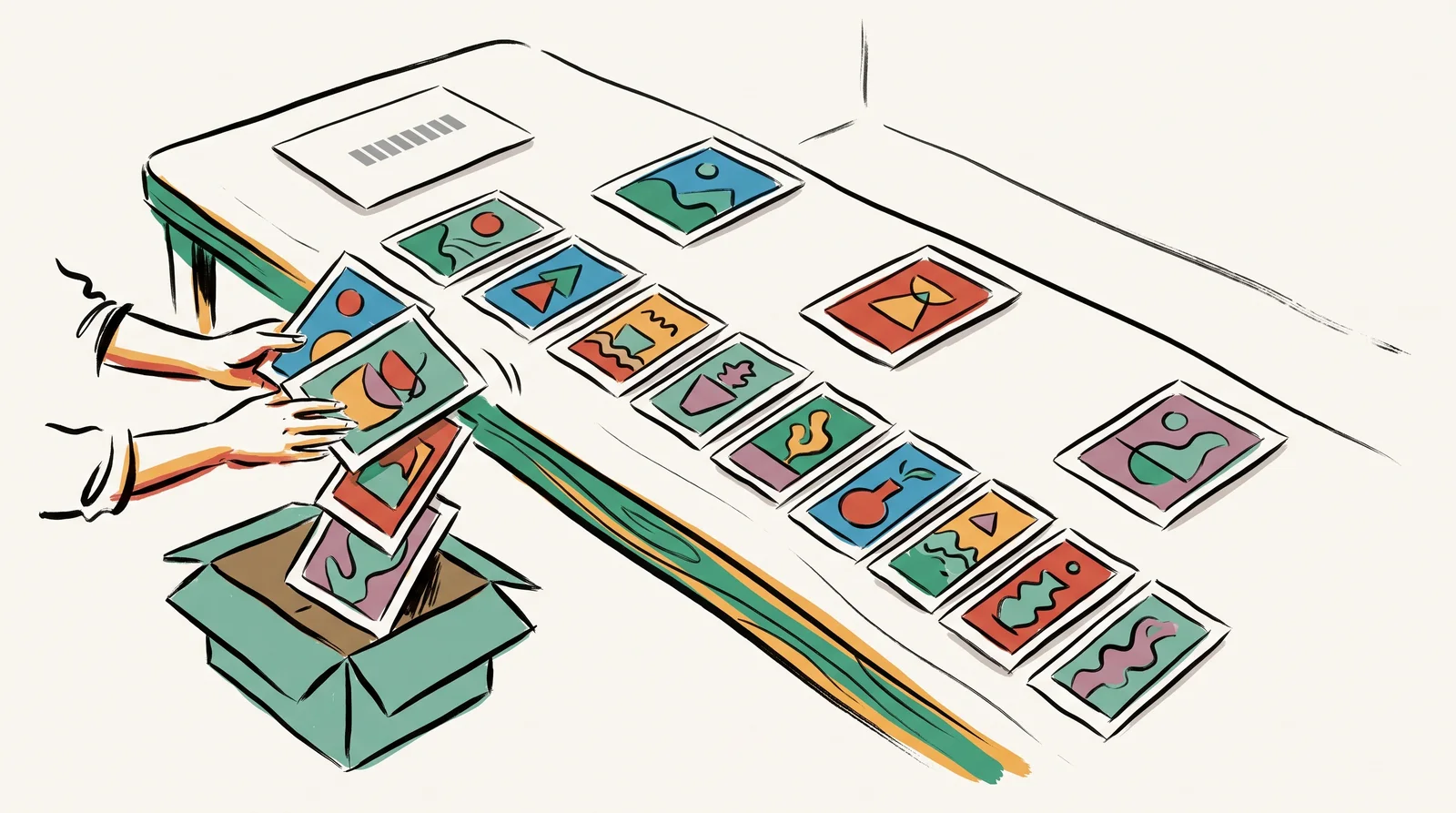 An ink drawing of a long table with a single claim card at its head, where hands push six of nine photographs into a box and leave three behind.