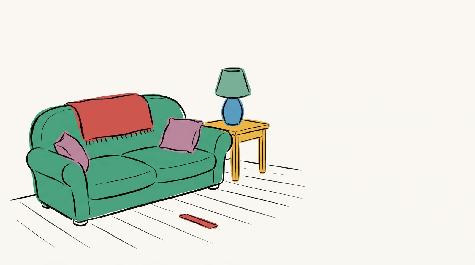 An ink drawing of a photographer at a locked tripod shooting an empty living-room set just after the model steps out of frame.