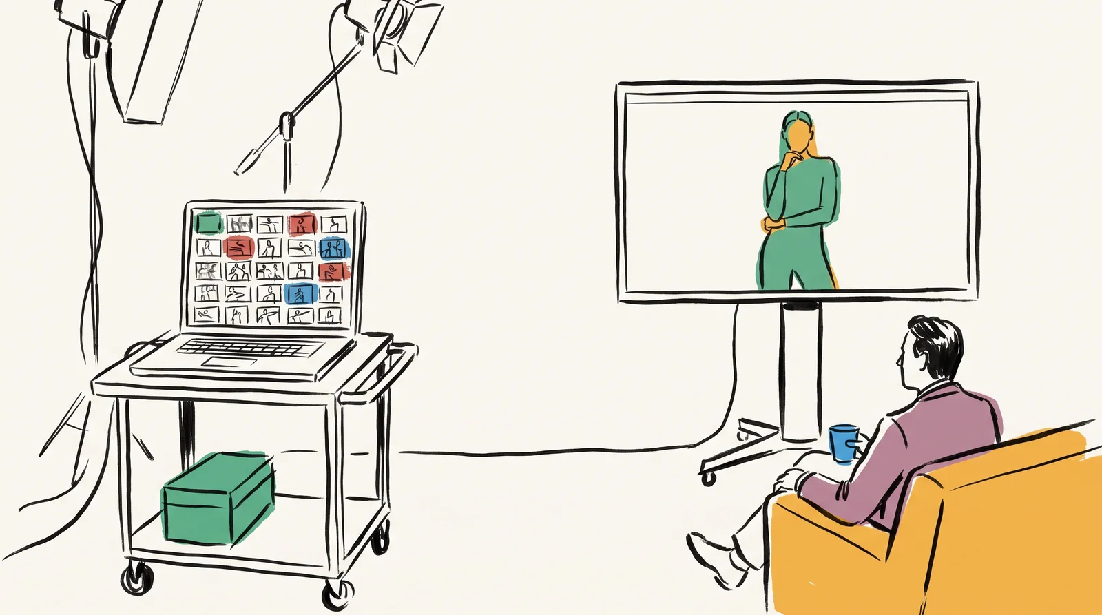 An ink drawing of a technician's laptop full of messy test frames while a calm client on a sofa watches one chosen frame on a large monitor.