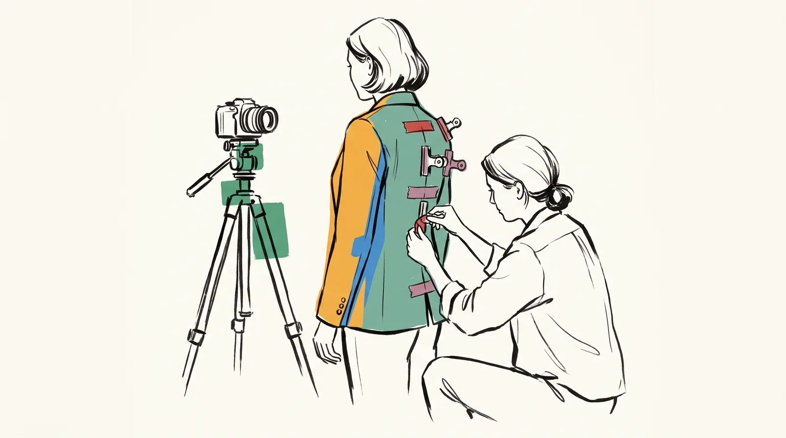 An ink drawing of a model seen from behind with her jacket gathered by metal clips and tape while a stylist adds another clip and a camera faces her front.