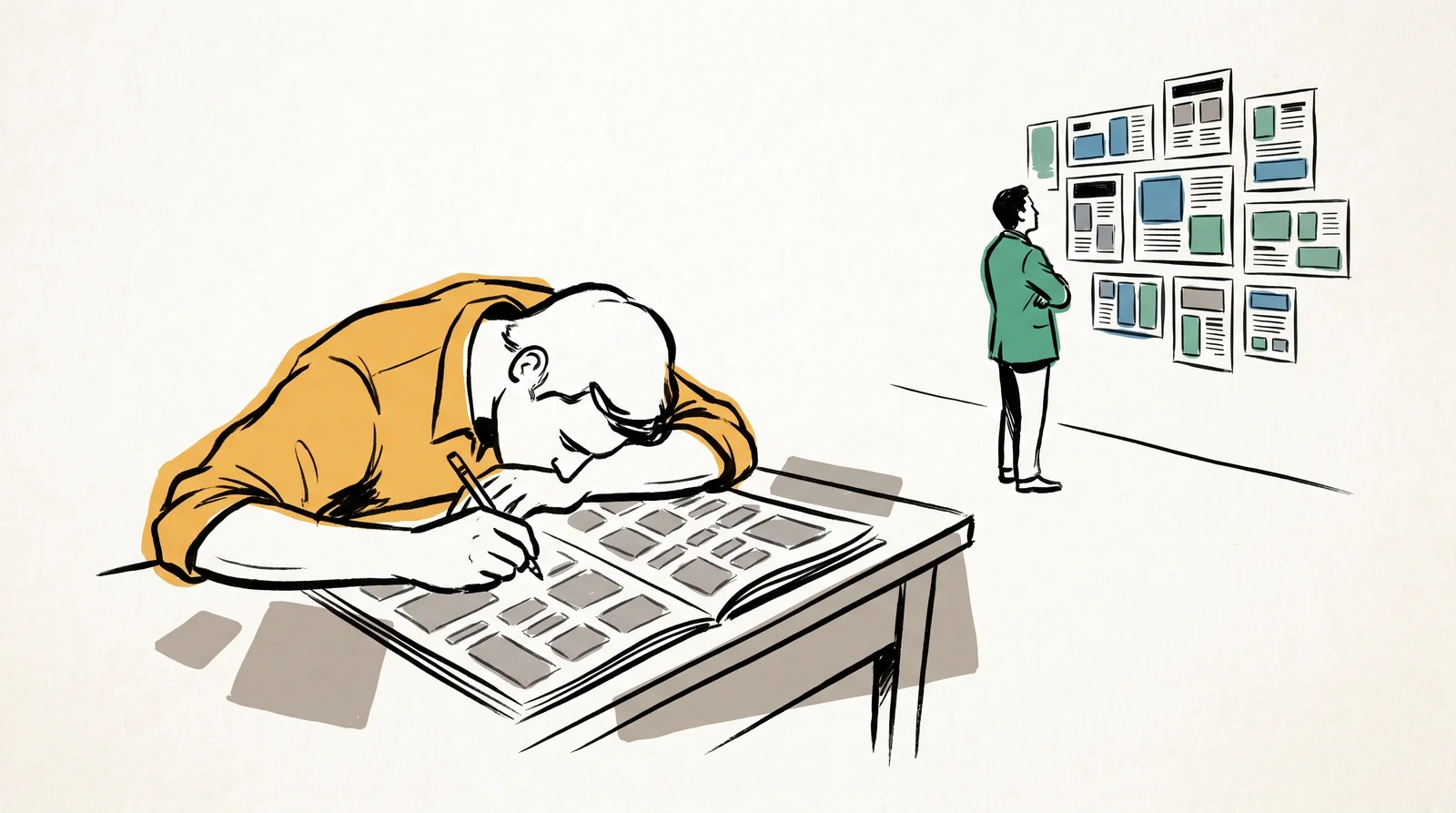 An ink drawing of a designer bent close over a layout at a desk while an art director stands at the far end of the room looking at a whole wall of pinned pages.