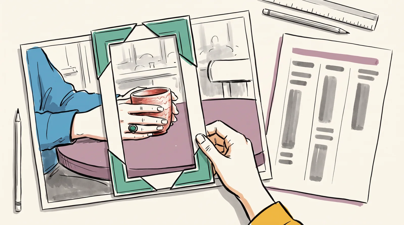 An ink drawing of a designer placing paper cropping corners on a wide cafe photograph to frame a tall crop around a woman's hand holding a cup.