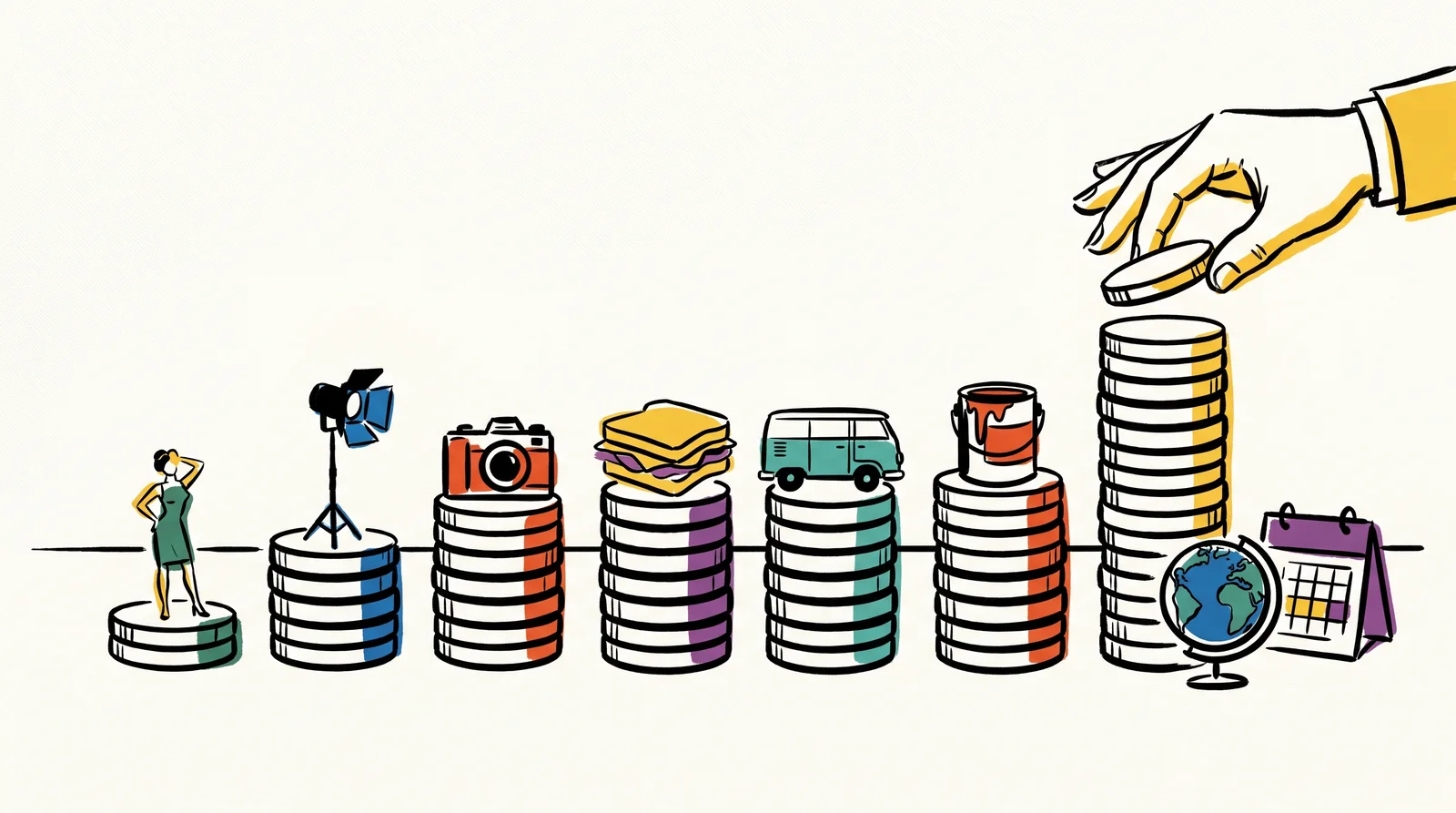 An ink drawing of stacks of coins beside tiny objects such as a model figurine, a globe, a light, a camera and a van, with the model's stack the shortest.