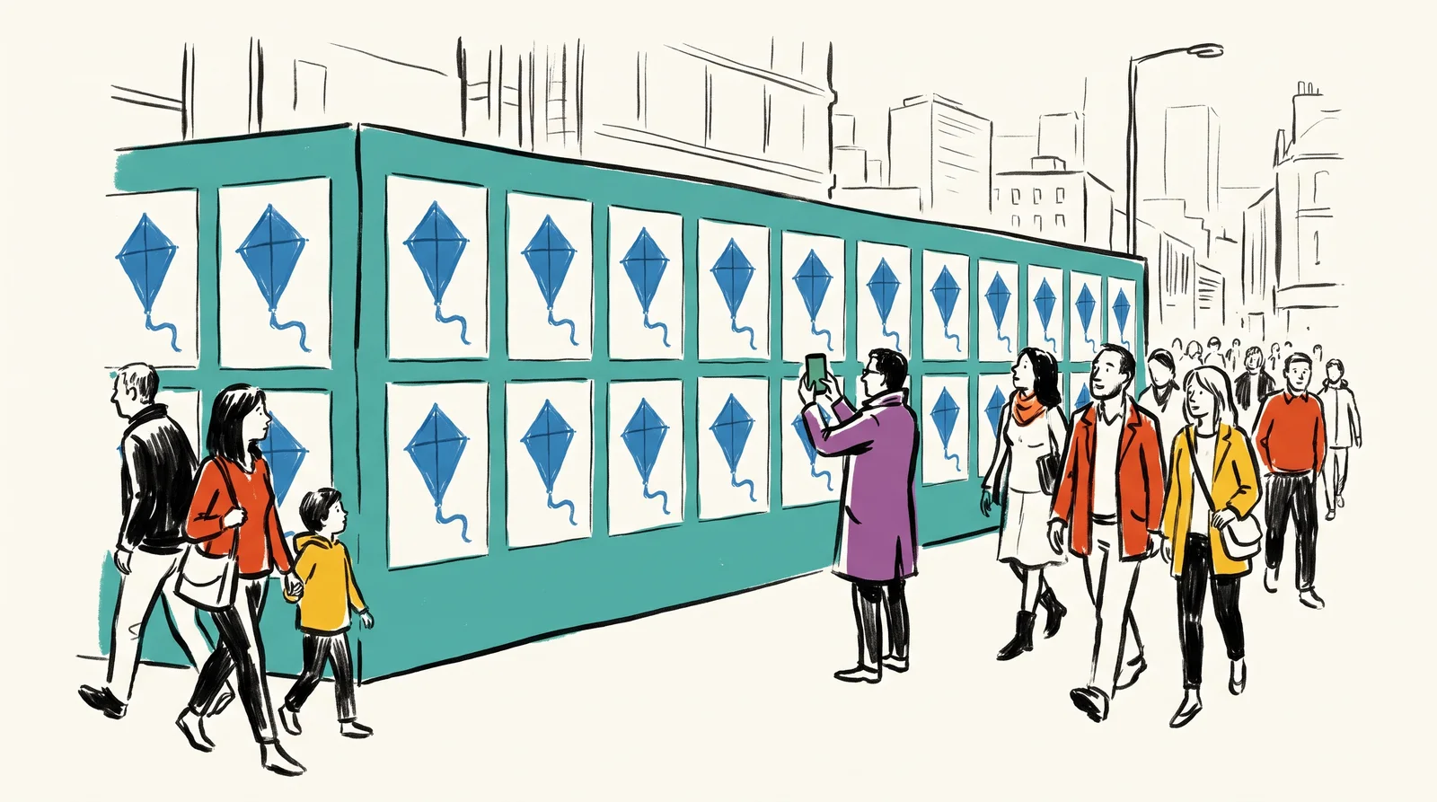 An ink drawing of a construction hoarding covered with the same blue kite poster repeated many times while passers-by turn to look.