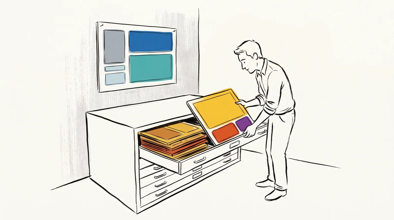 An ink drawing of an art director sliding a golden-toned board into a plan chest drawer while a plainer grey and blue board stays pinned on the wall behind her.