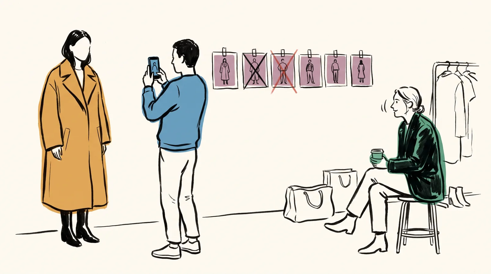 An ink drawing of a stylist taking a phone photo of a model in a camel coat beside a taped row of look printouts, with the client watching from a stool.