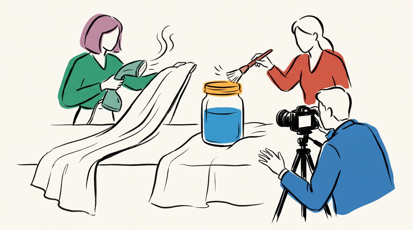 An ink drawing of an assistant steaming a crease in a linen backdrop and another brushing dust off a glass jar while the photographer waits at the tripod.