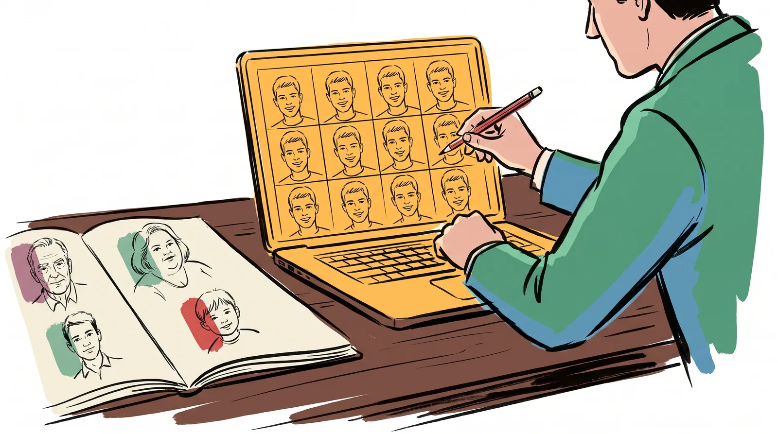 An ink drawing of a laptop grid of twelve nearly identical generated faces, with an art director tapping it and a notebook of sketched faces of different people beside it.