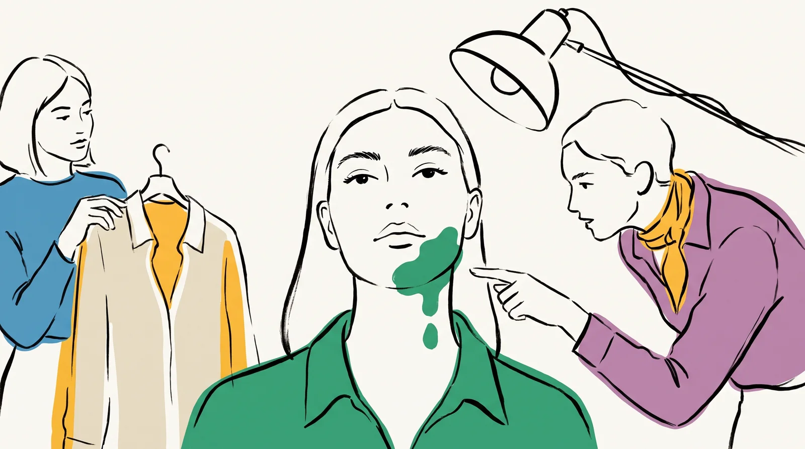 An ink drawing of a model in a vivid green shirt with a green tint under her chin, while a stylist holds up a pale shirt as an alternative.