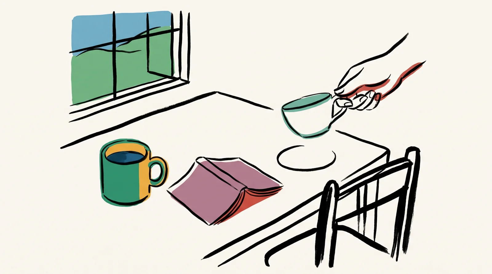 An ink drawing of a table with a half-drunk coffee and a face-down book beside a pushed-back chair, while a stylist's hand removes a second clean cup.